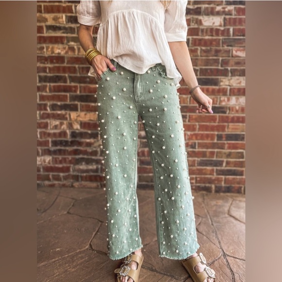 POL Sage Green Straight Leg Pearl Beaded Denim Jeans - Picture 6 of 6